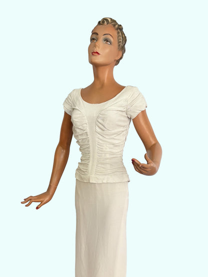 1950s Winnie Marsh Off-White Wiggle Dress With Silver Lurex | XS