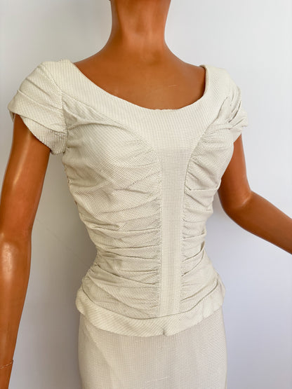 1950s Winnie Marsh Off-White Wiggle Dress With Silver Lurex | XS