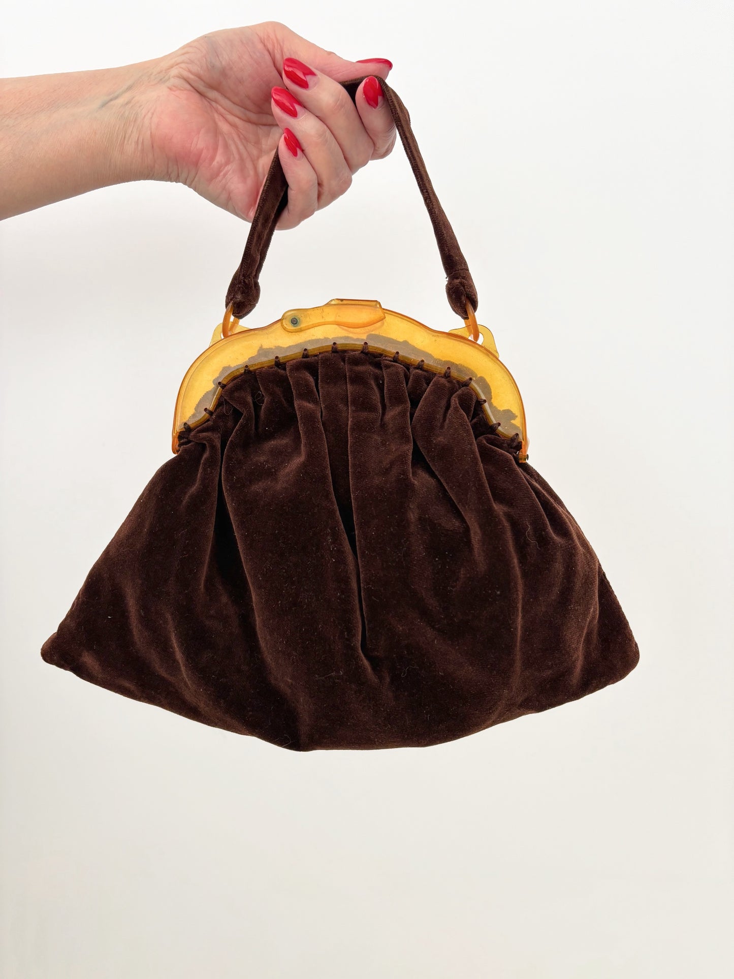 1930s/40s Brown Velvet Handbag With Amber Celluloid Frame