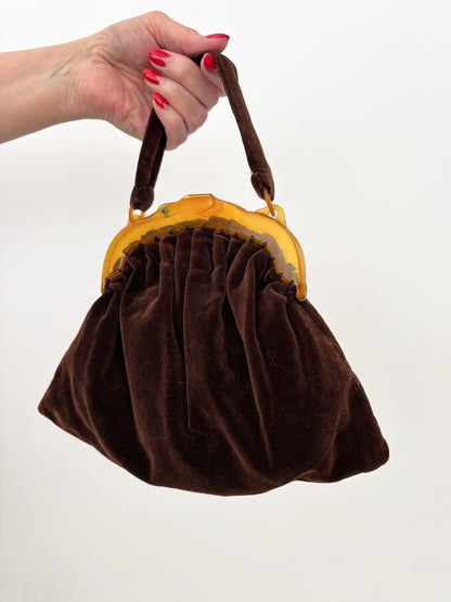 1930s/40s Brown Velvet Handbag With Amber Celluloid Frame