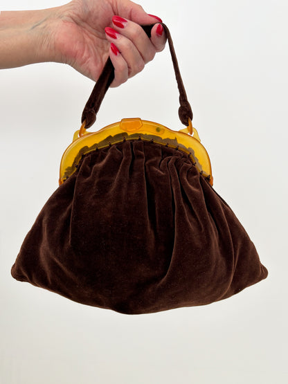 1930s/40s Brown Velvet Handbag With Amber Celluloid Frame