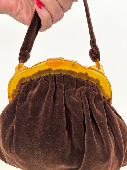 1930s/40s Brown Velvet Handbag With Amber Celluloid Frame