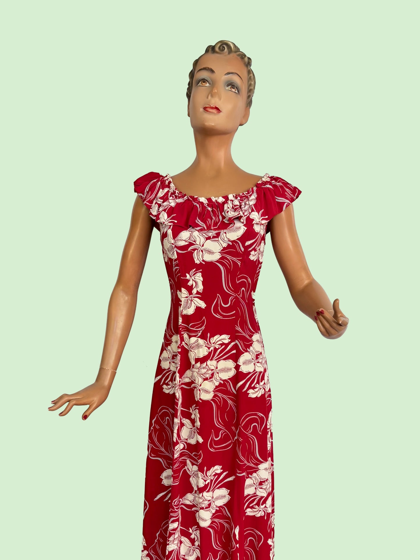 1940s Hawaiian Casuals Cold Rayon Dress With Ruching | XS/S