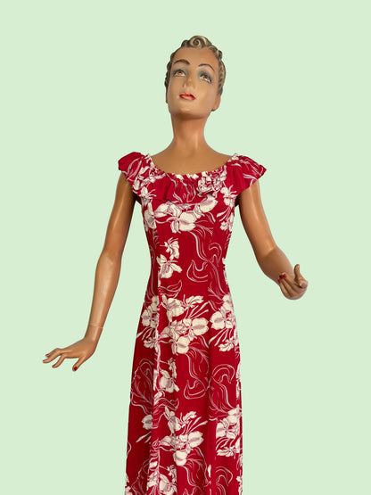 1940s Hawaiian Casuals Cold Rayon Dress With Ruching | XS/S
