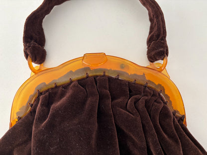 1930s/40s Brown Velvet Handbag With Amber Celluloid Frame