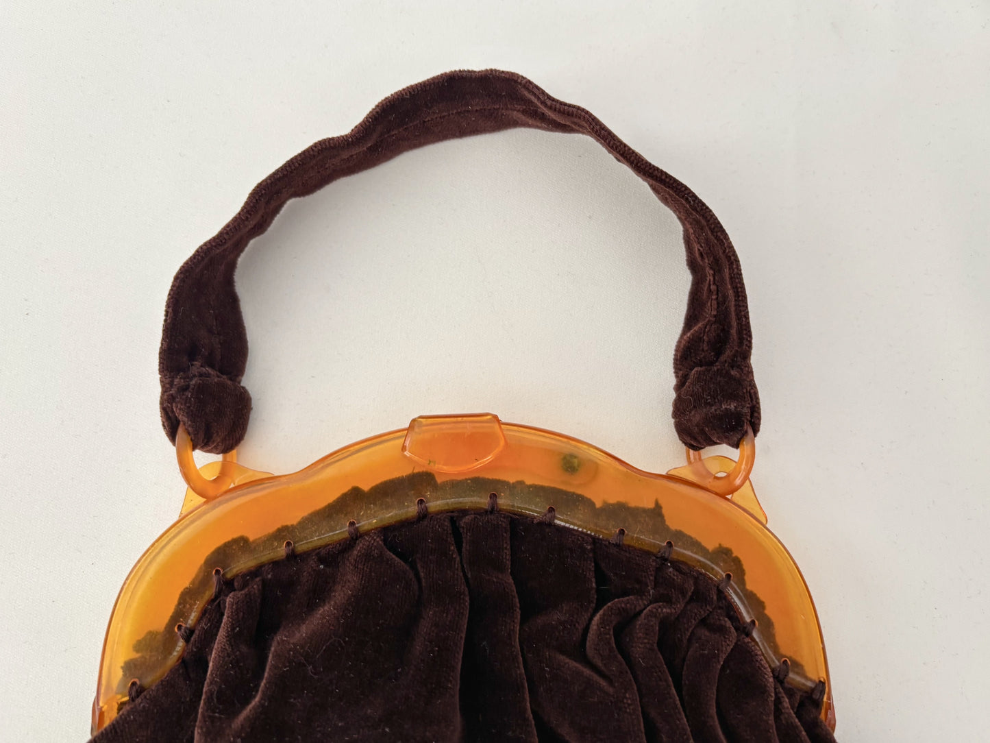 1930s/40s Brown Velvet Handbag With Amber Celluloid Frame