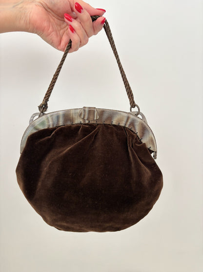 1940s Brown Velvet Pouch Handbag With Marbled Plastic Frame