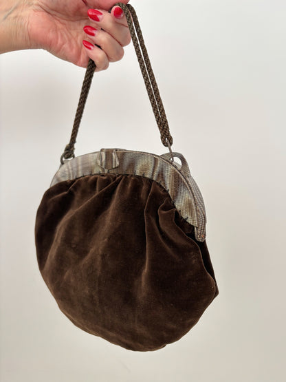 1940s Brown Velvet Pouch Handbag With Marbled Plastic Frame