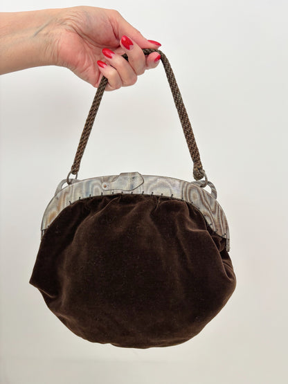 1940s Brown Velvet Pouch Handbag With Marbled Plastic Frame