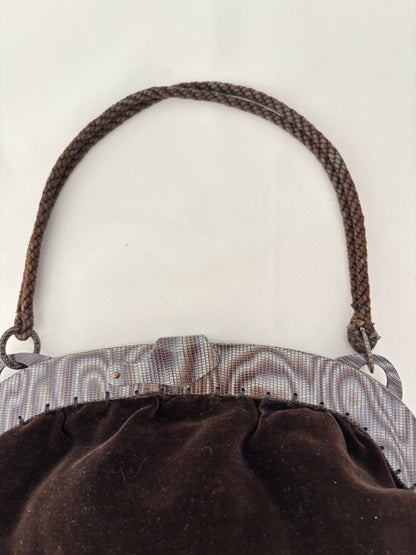 1940s Brown Velvet Pouch Handbag With Marbled Plastic Frame