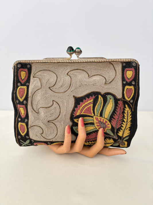 1920s/30s Embroidered Art Deco Evening Bag With Green Cabochon Clasp