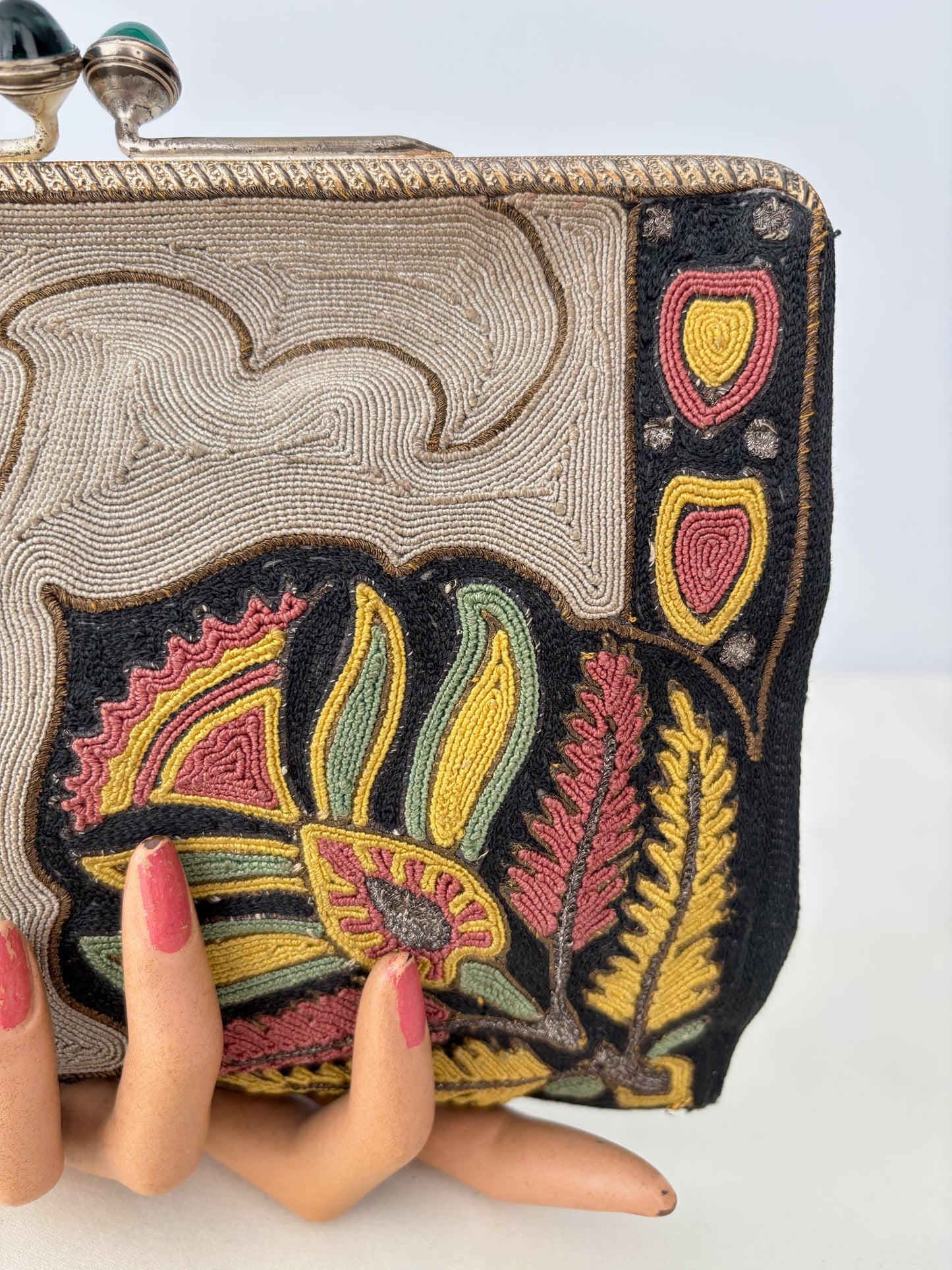 1920s/30s Embroidered Art Deco Evening Bag With Green Cabochon Clasp