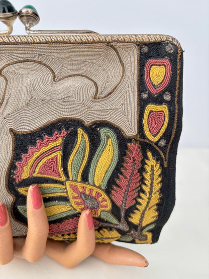 1920s/30s Embroidered Art Deco Evening Bag With Green Cabochon Clasp