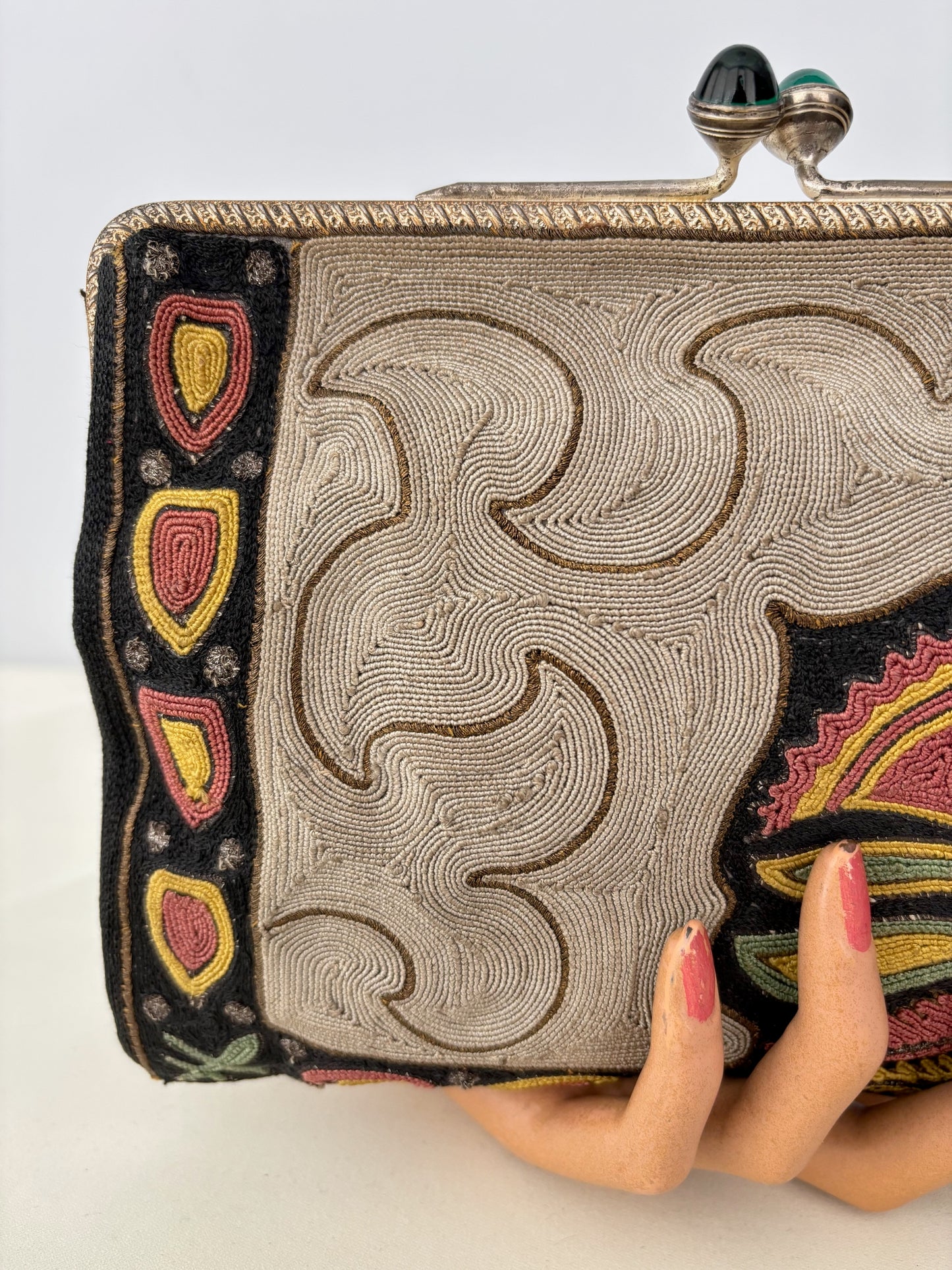 1920s/30s Embroidered Art Deco Evening Bag With Green Cabochon Clasp