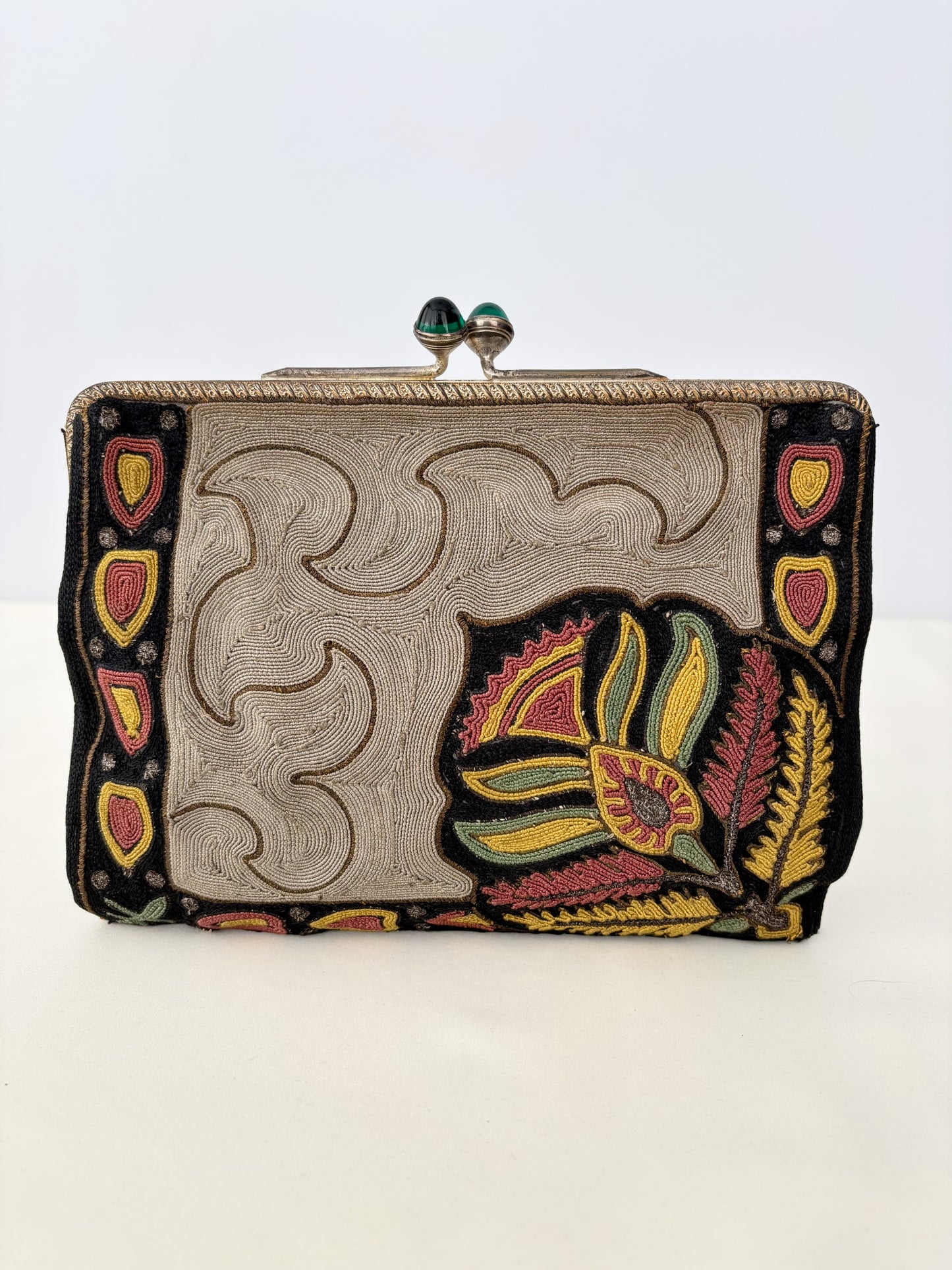 1920s/30s Embroidered Art Deco Evening Bag With Green Cabochon Clasp