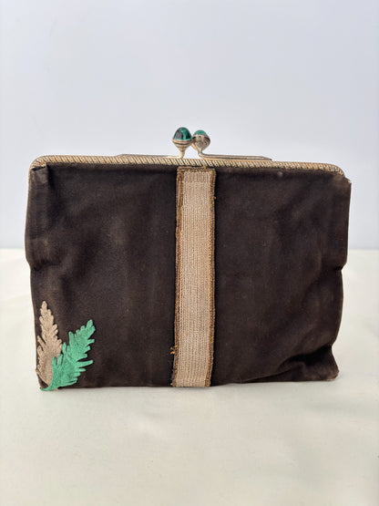 1920s/30s Embroidered Art Deco Evening Bag With Green Cabochon Clasp