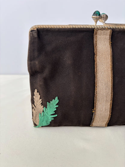 1920s/30s Embroidered Art Deco Evening Bag With Green Cabochon Clasp