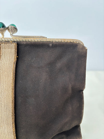 1920s/30s Embroidered Art Deco Evening Bag With Green Cabochon Clasp