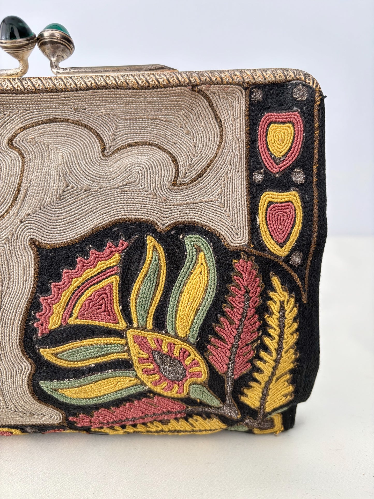 1920s/30s Embroidered Art Deco Evening Bag With Green Cabochon Clasp