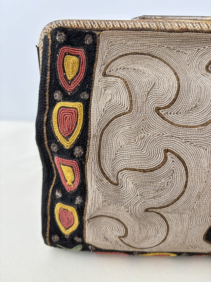 1920s/30s Embroidered Art Deco Evening Bag With Green Cabochon Clasp