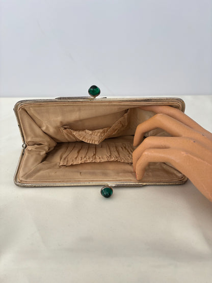 1920s/30s Embroidered Art Deco Evening Bag With Green Cabochon Clasp
