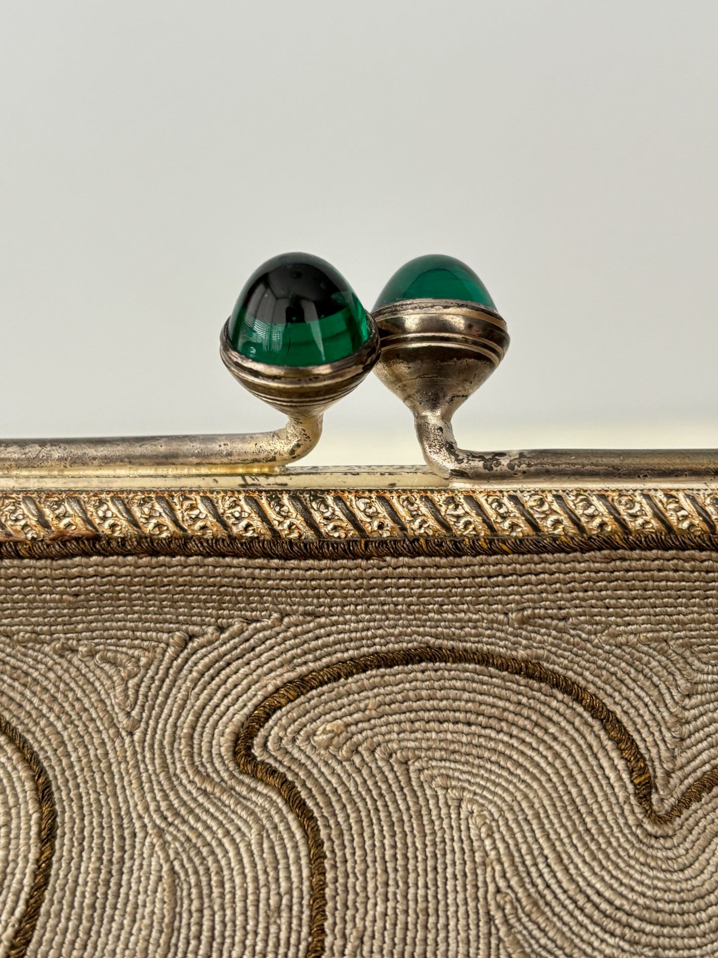 1920s/30s Embroidered Art Deco Evening Bag With Green Cabochon Clasp