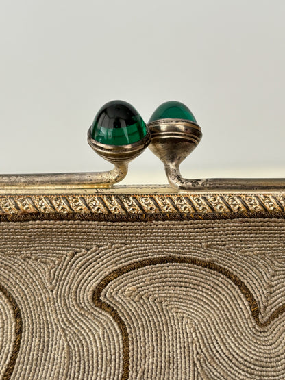 1920s/30s Embroidered Art Deco Evening Bag With Green Cabochon Clasp