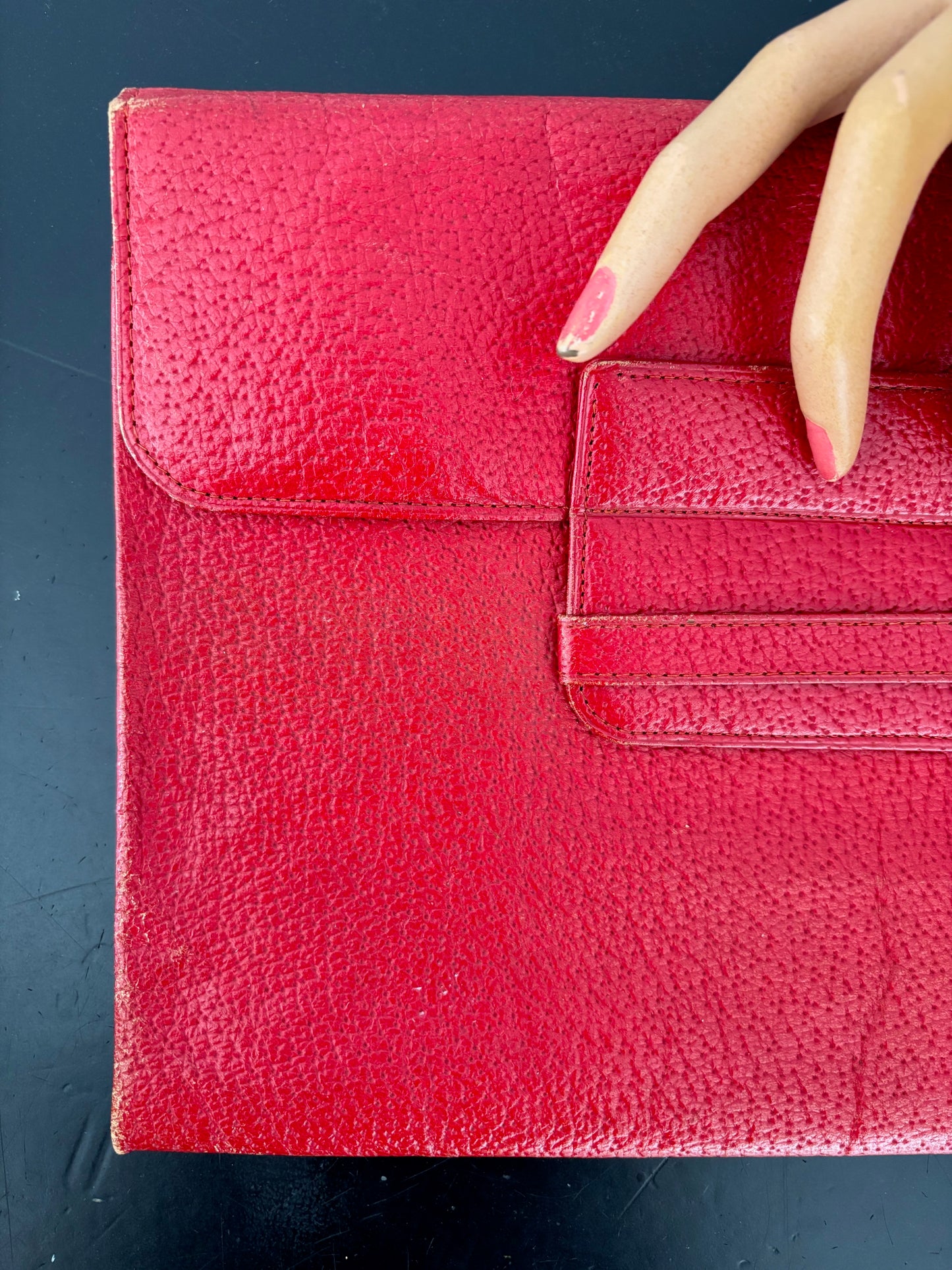 1940s Red Leather Envelope Clutch With Hand Strap