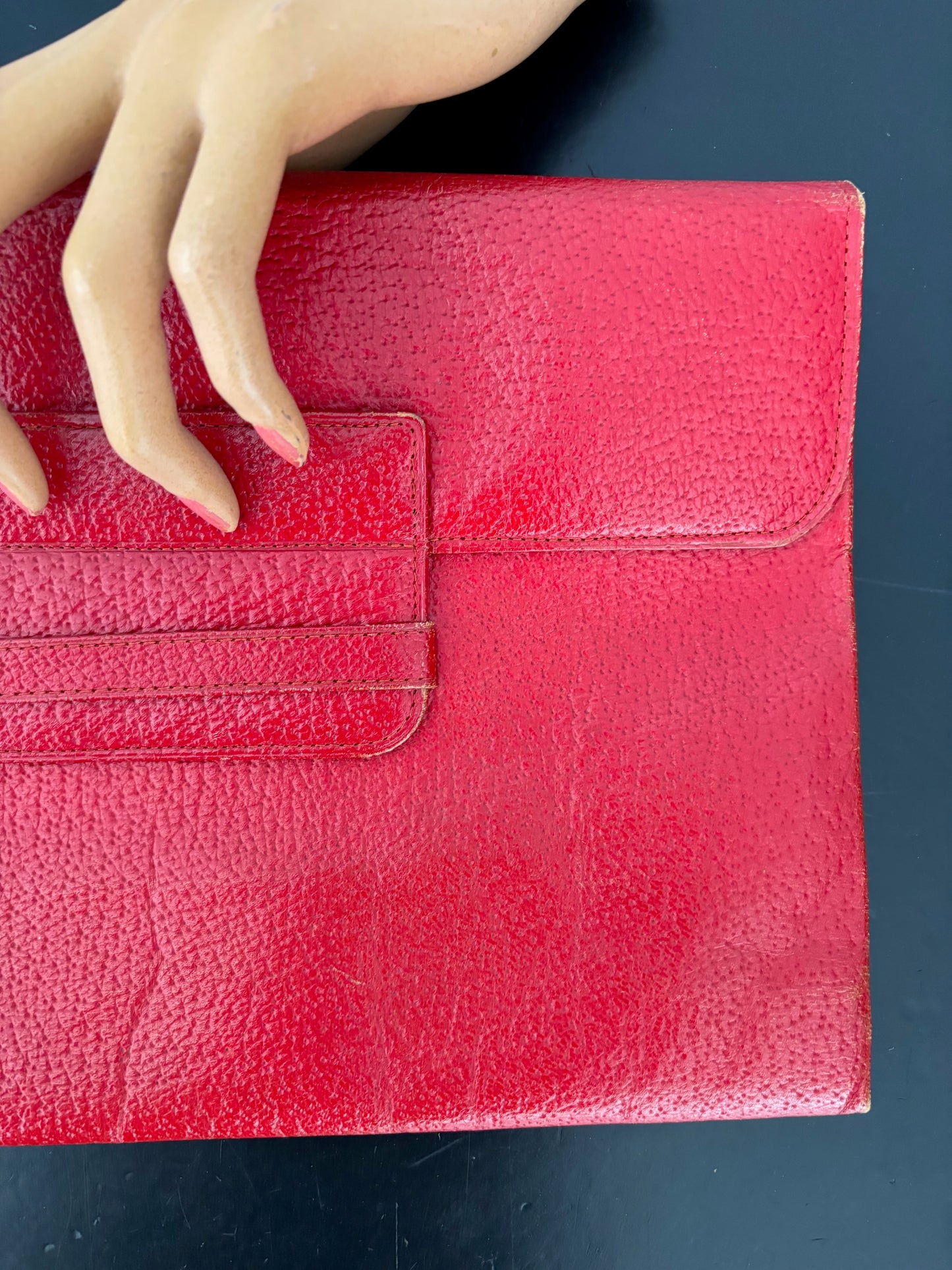 1940s Red Leather Envelope Clutch With Hand Strap