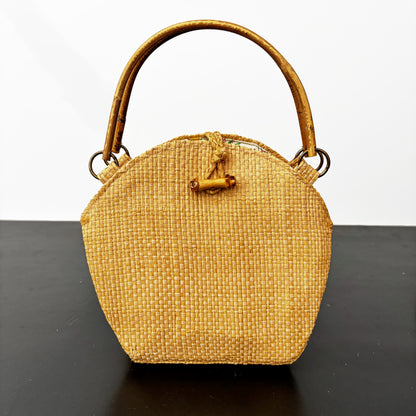 1950s Woven Straw Handbag with Bamboo Handles and Teddy Print Lining