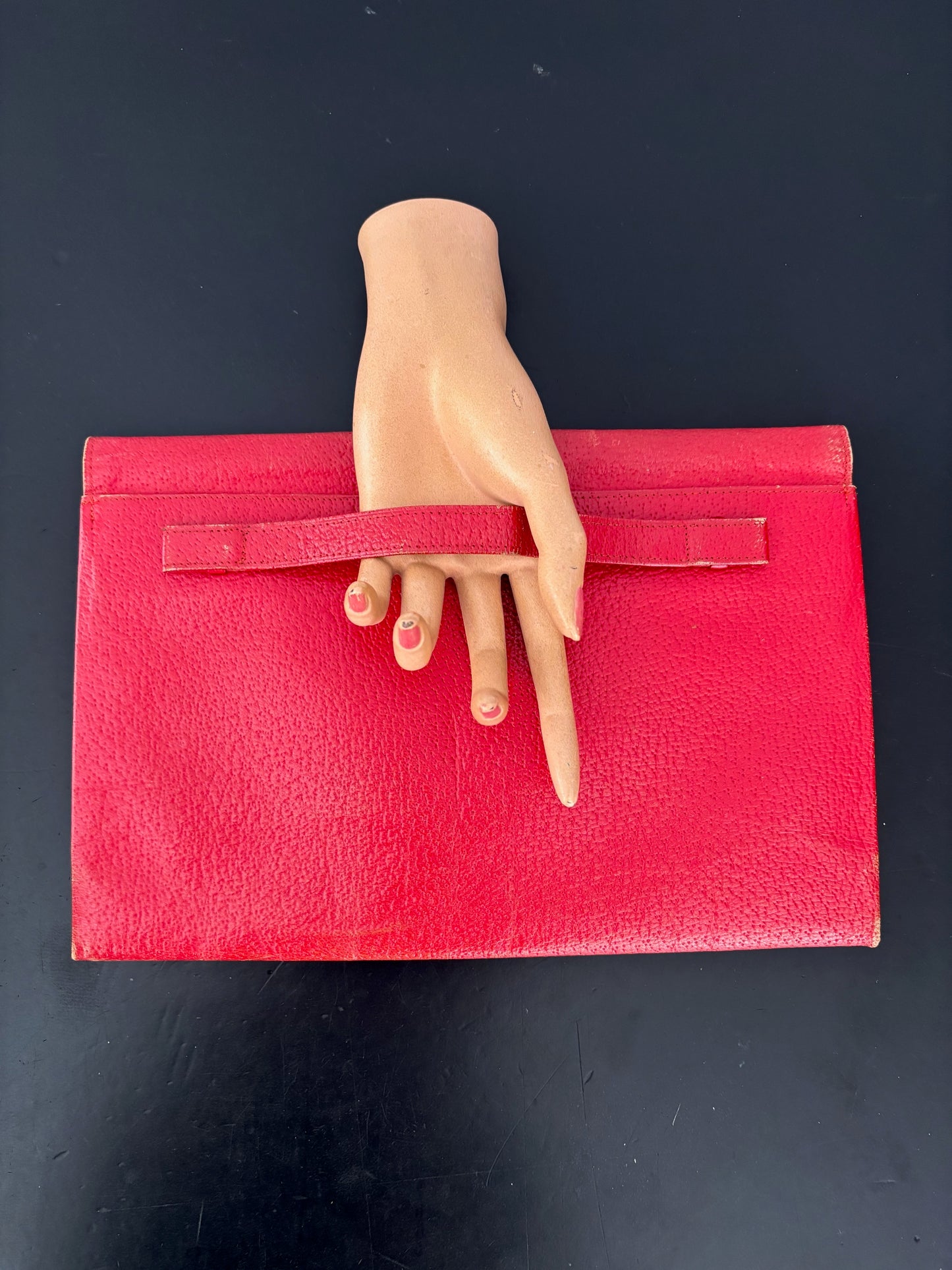 1940s Red Leather Envelope Clutch With Hand Strap