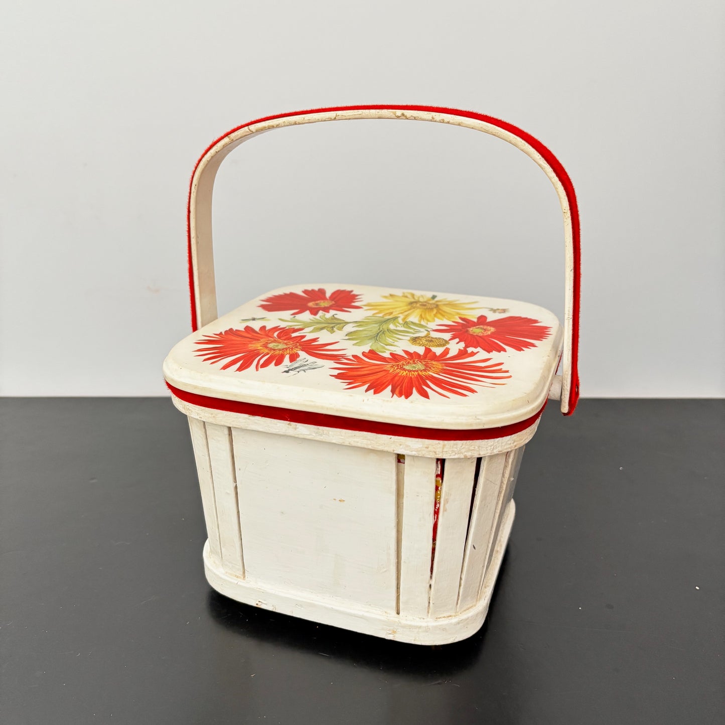 1960s White Wooden Picnic Basket with Floral Lid and Velvet Handle