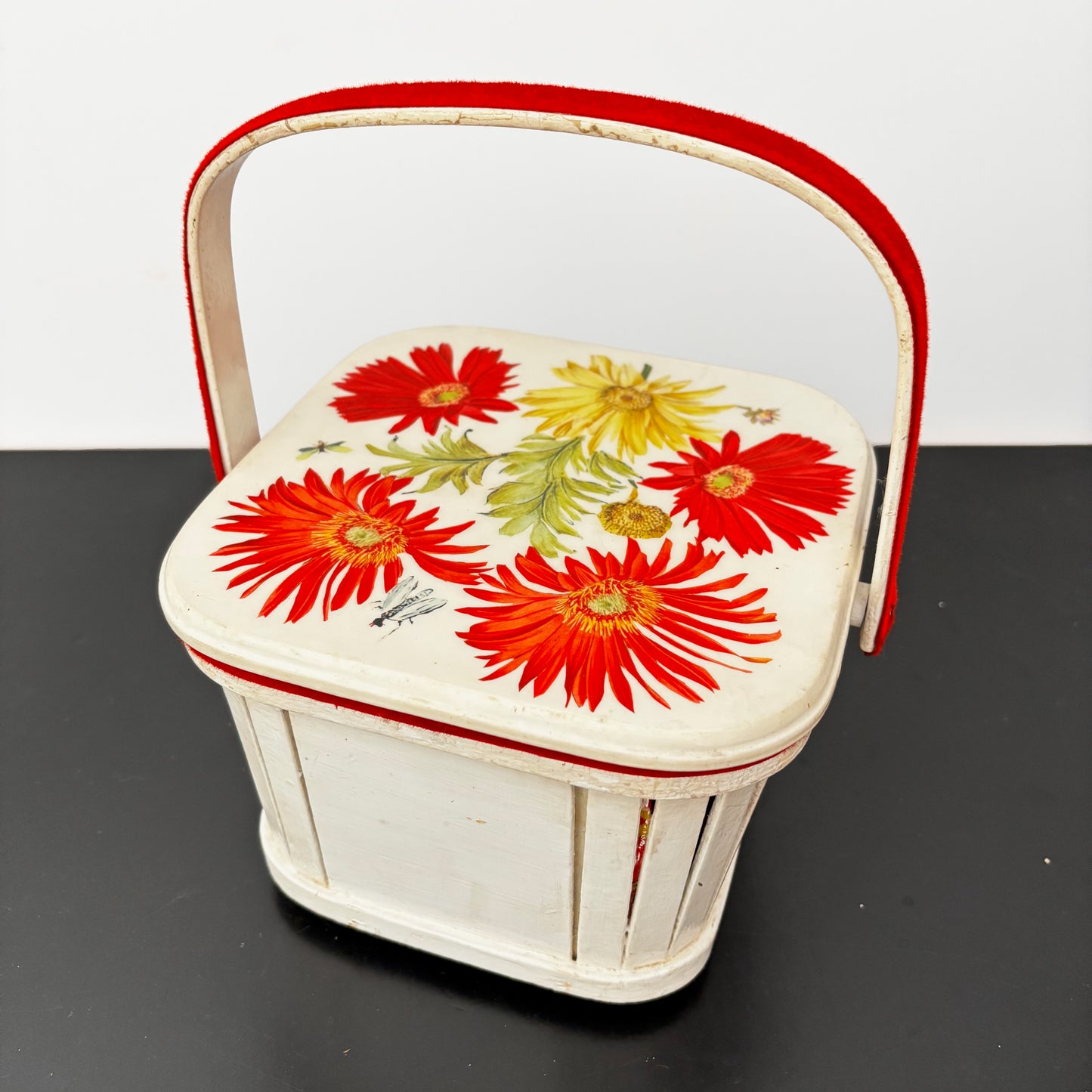 1960s White Wooden Picnic Basket with Floral Lid and Velvet Handle