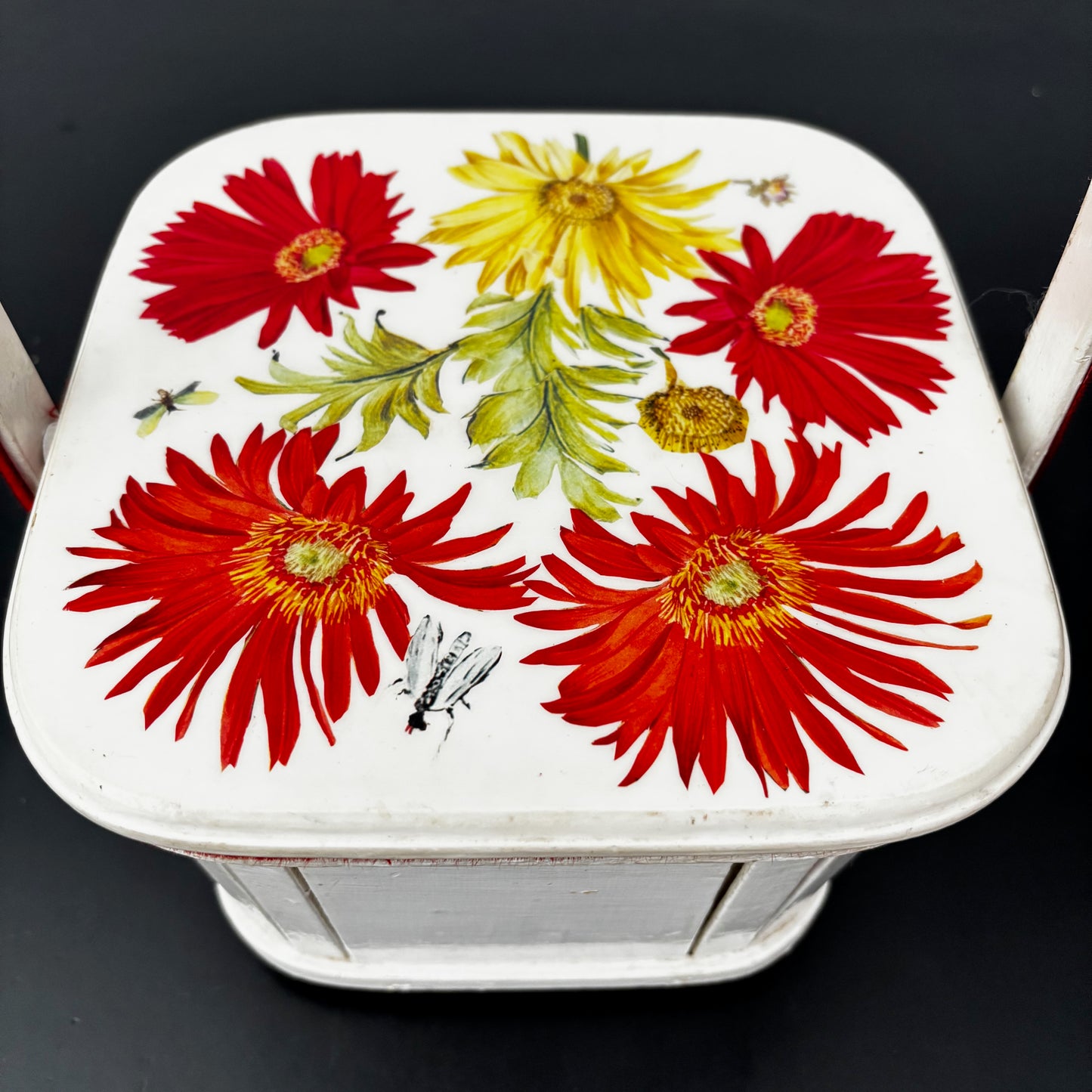 1960s White Wooden Picnic Basket with Floral Lid and Velvet Handle