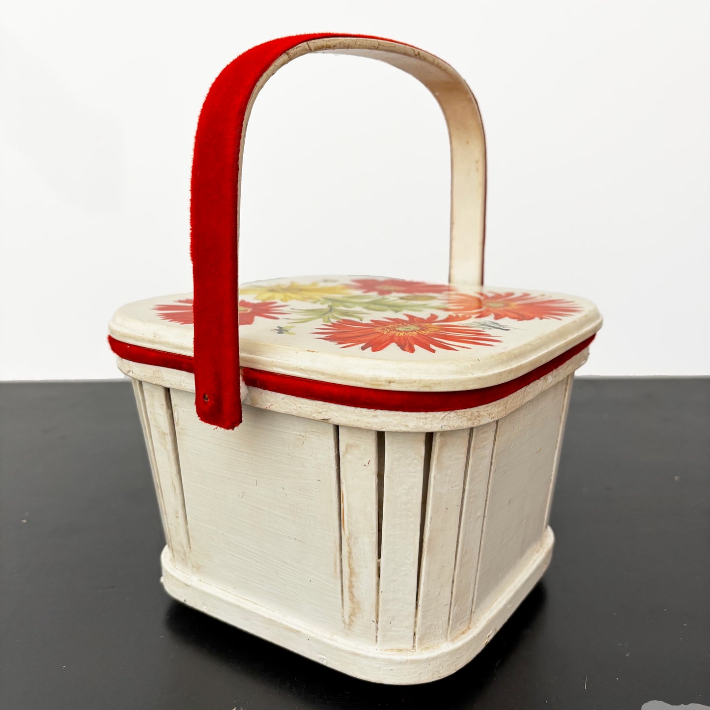 1960s White Wooden Picnic Basket with Floral Lid and Velvet Handle
