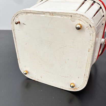 1960s White Wooden Picnic Basket with Floral Lid and Velvet Handle