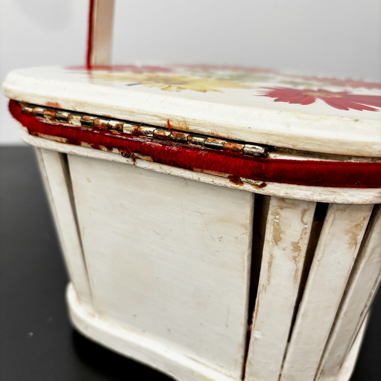 1960s White Wooden Picnic Basket with Floral Lid and Velvet Handle