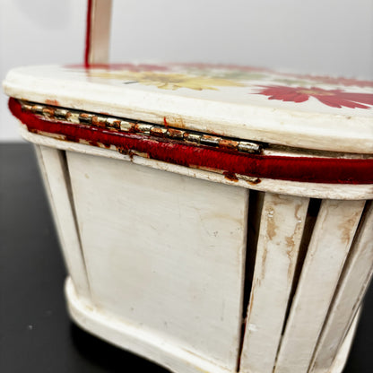 1960s White Wooden Picnic Basket with Floral Lid and Velvet Handle