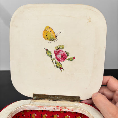 1960s White Wooden Picnic Basket with Floral Lid and Velvet Handle