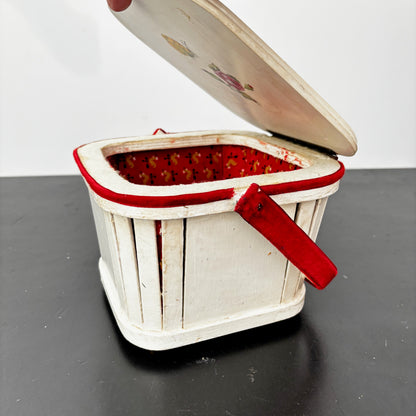 1960s White Wooden Picnic Basket with Floral Lid and Velvet Handle