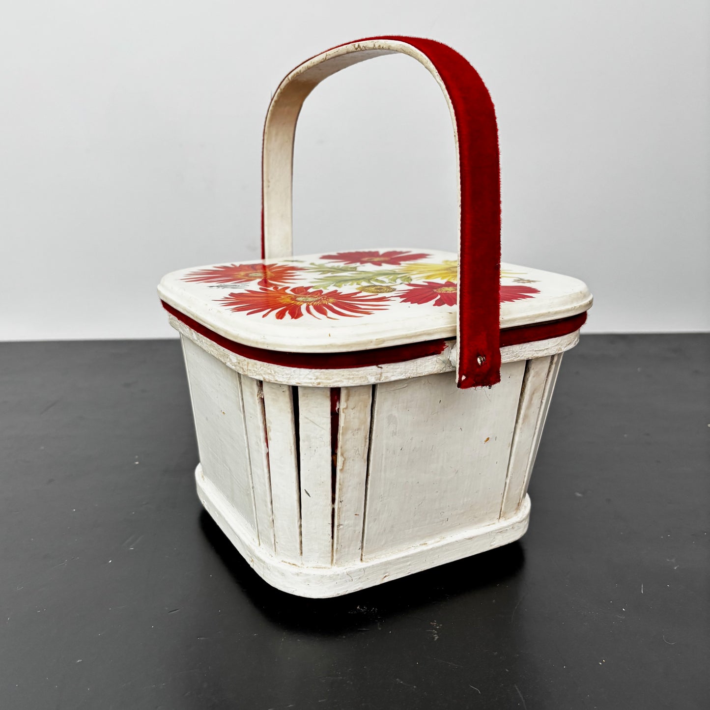 1960s White Wooden Picnic Basket with Floral Lid and Velvet Handle