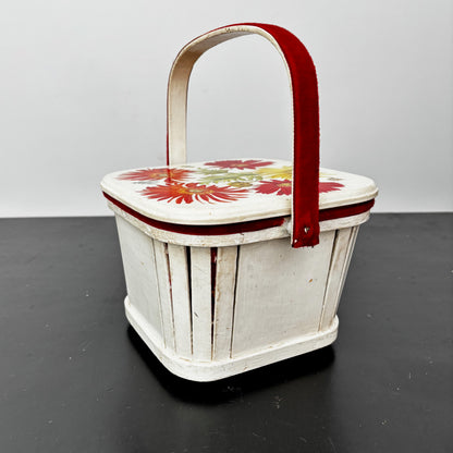 1960s White Wooden Picnic Basket with Floral Lid and Velvet Handle