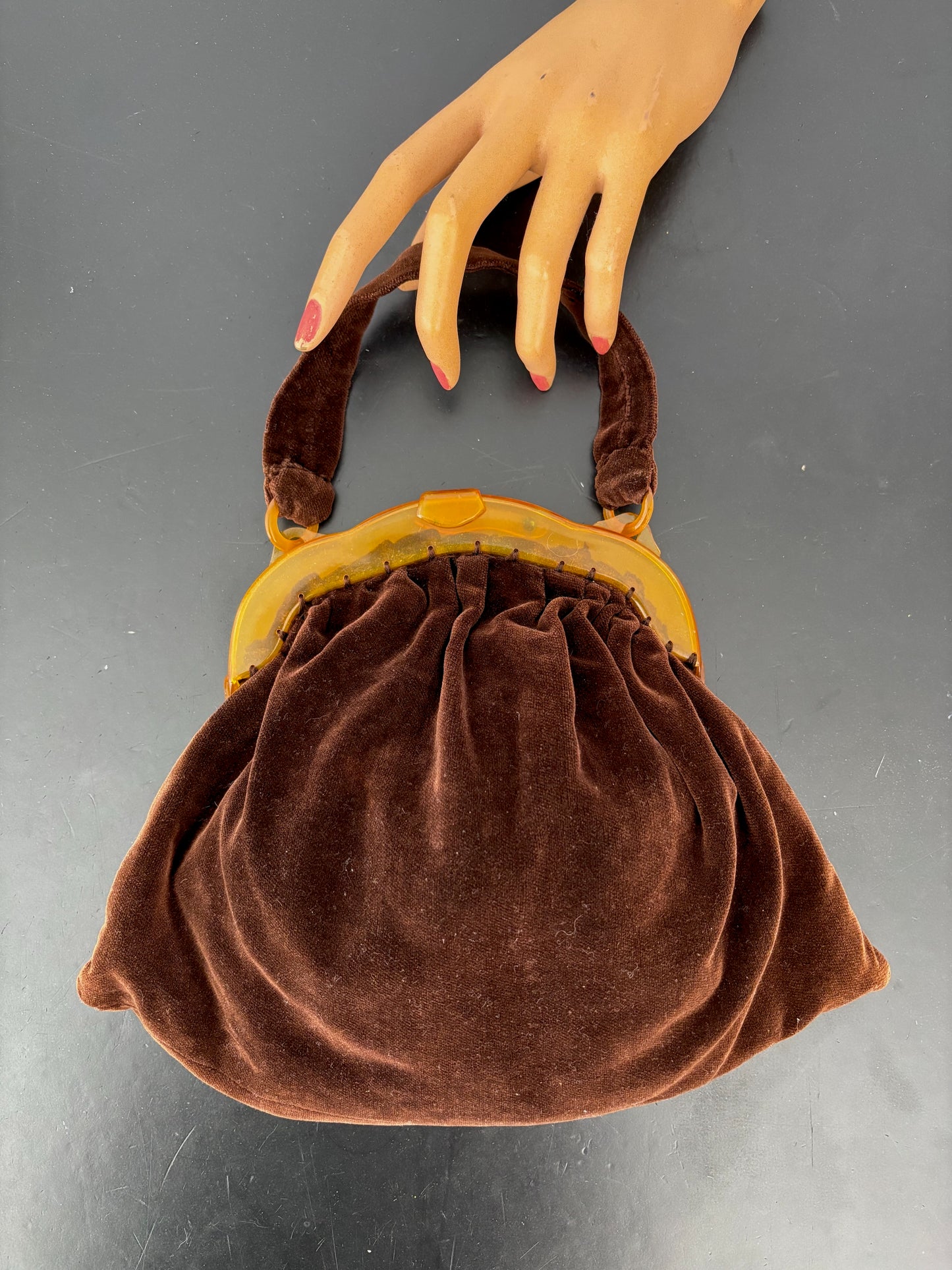 1930s/40s Brown Velvet Handbag With Amber Celluloid Frame
