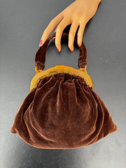 1930s/40s Brown Velvet Handbag With Amber Celluloid Frame