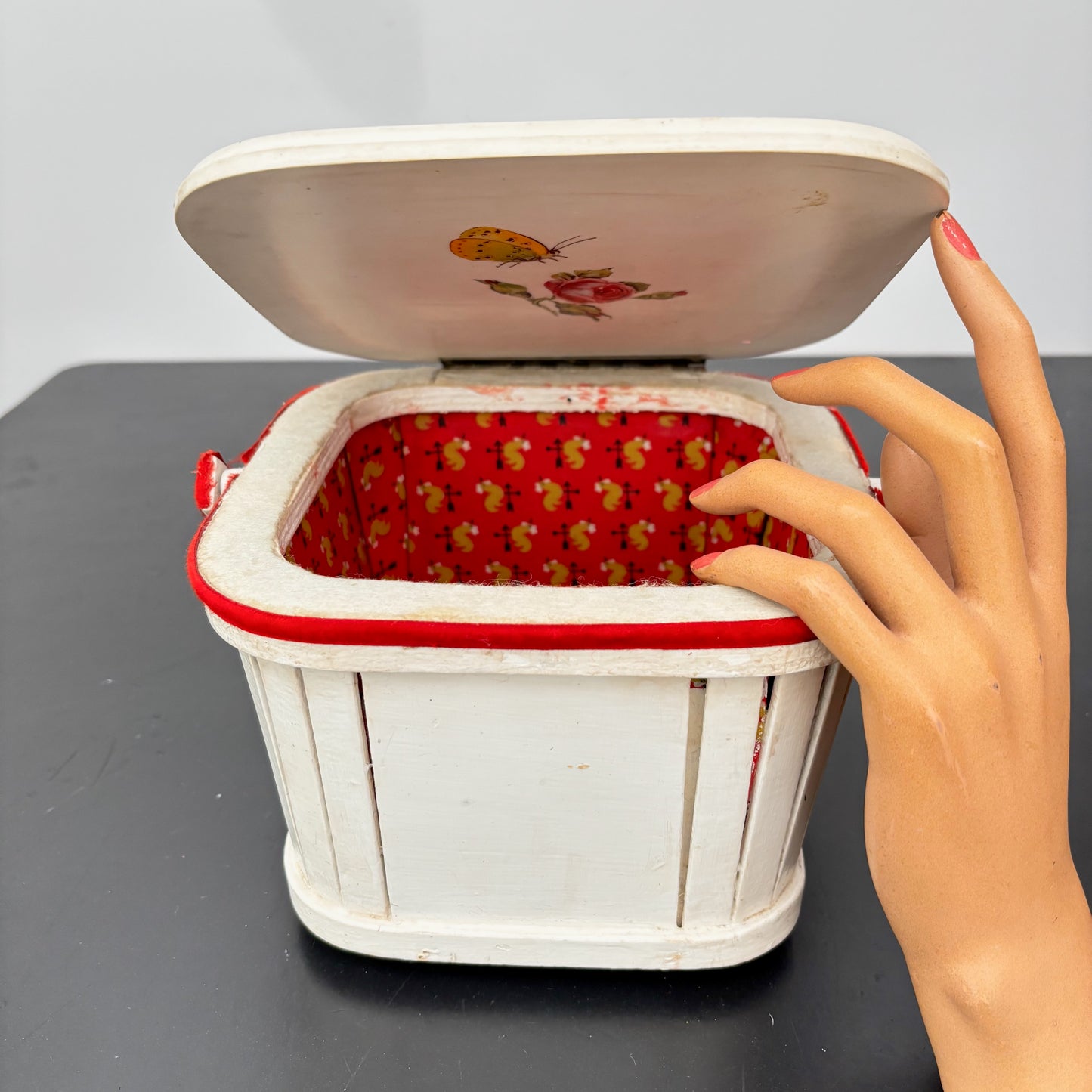 1960s White Wooden Picnic Basket with Floral Lid and Velvet Handle
