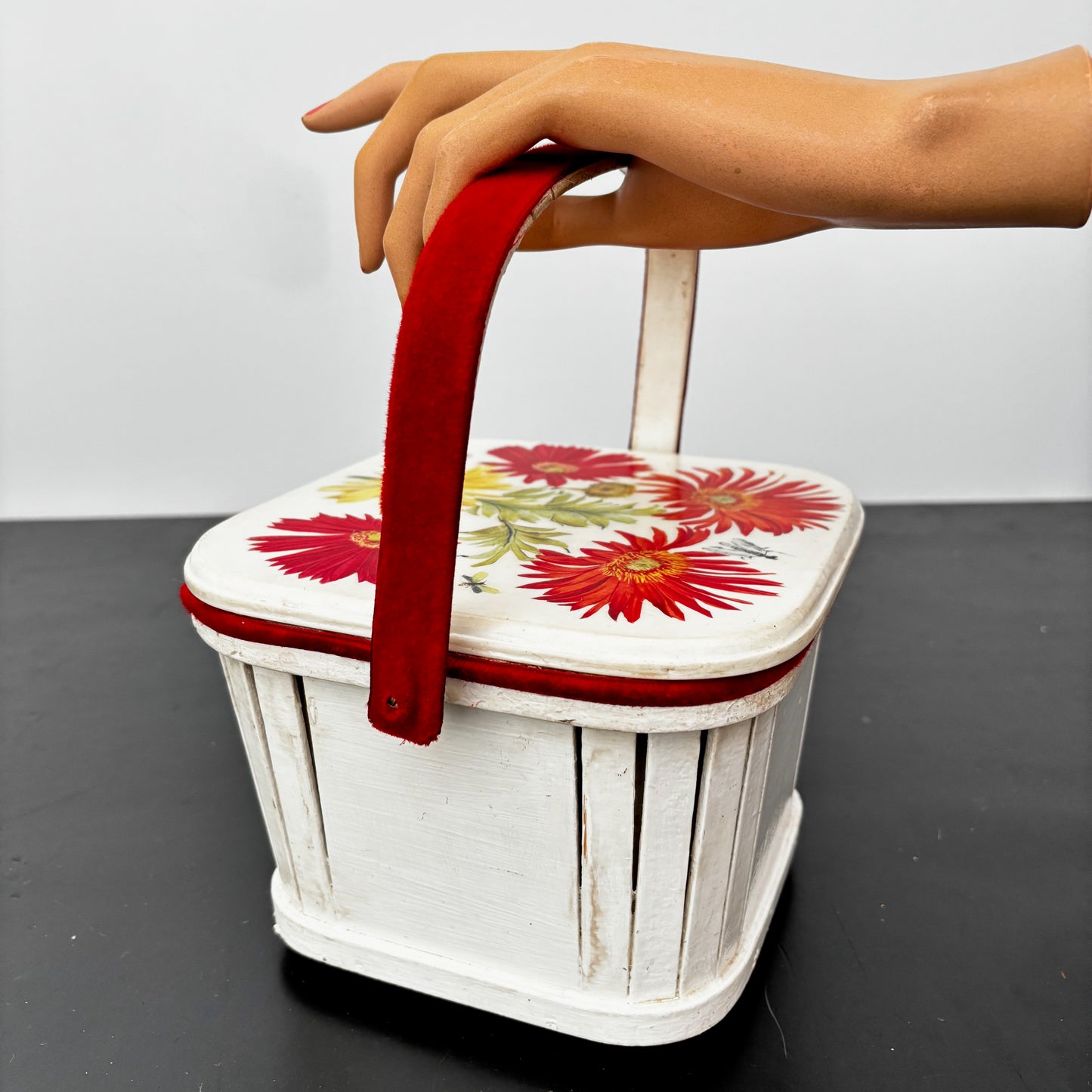1960s White Wooden Picnic Basket with Floral Lid and Velvet Handle