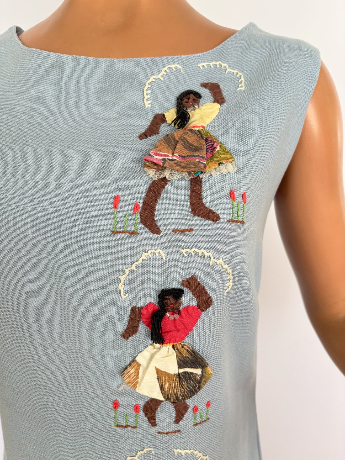 XS/S | 1960s Irish Linen Novelty Appliqué Shift Dress