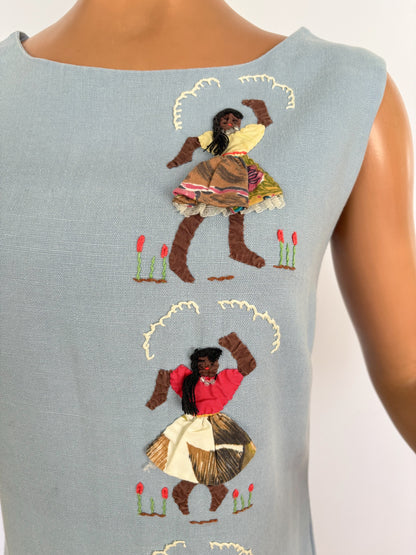 XS/S | 1960s Irish Linen Novelty Appliqué Shift Dress