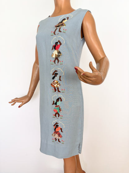 XS/S | 1960s Irish Linen Novelty Appliqué Shift Dress