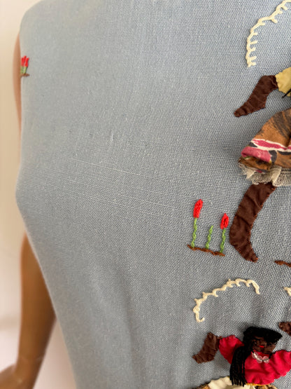 XS/S | 1960s Irish Linen Novelty Appliqué Shift Dress